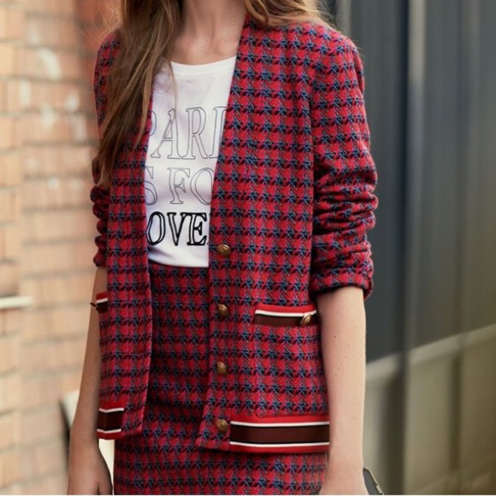 <NWOT> Sandro Sheni Tweed Checkered Wool Cotton Blend Jacket in Red Size 1